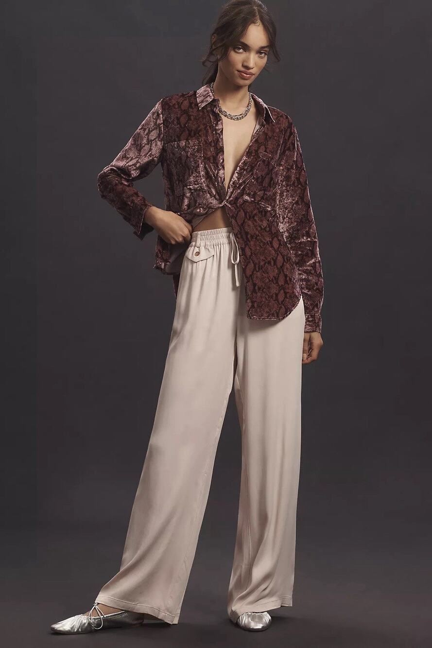 Maeve Anthropologie Sz L Straight-Leg Pull-On Silky Pants neutral earth tone NEW